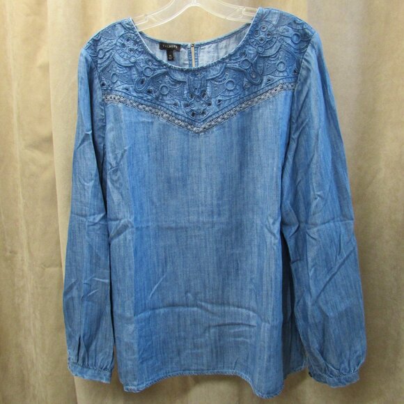 Talbots Tops - Talbots Embroidered Cut Out Chambray Blouse Tencel Denim Blue Size XL